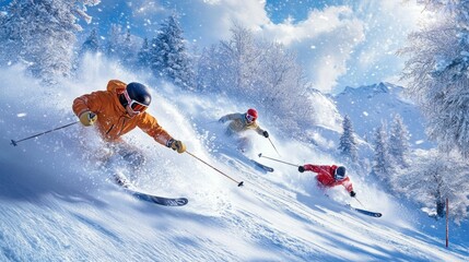 Skiers racing downhill through fresh powder snow.