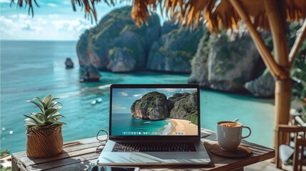 A laptop in an outdoor setting like a tropical beach or a mountain view, symbolizing the freedom of working from anywhere.