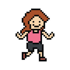 Cute pixel cartoon 8bit character woman lady run or running jog cardio lifestyle for decoration life style 8 bit female jog run marathon exercise png vector.