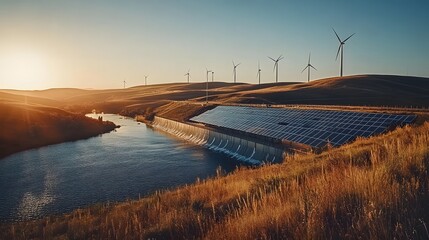 Hydroelectric dam with wind turbines and solar panels