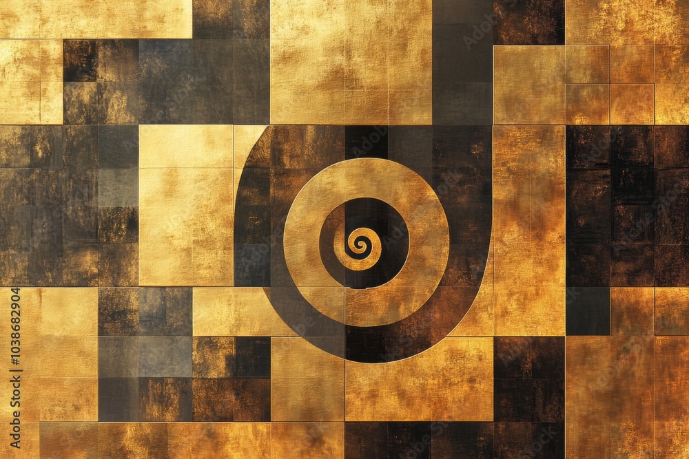 Aufkleber the artwork features an intricate design where a golden spiral interlaces with a collection of squar