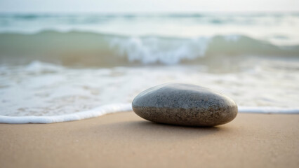 Elegant black stone positioned on a tranquil sandy beach with gentle ocean waves softly rolling in, capturing the essence of nature's beauty and the serene atmosphere of a coastal getaway