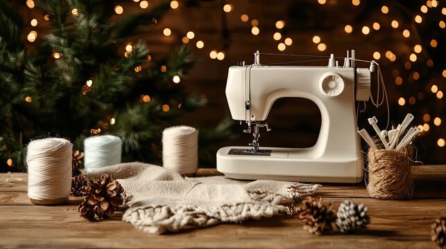 A cozy sewing setup featuring a vintage machine, threads, and natural accents, surrounded by festive lights and a warm atmosphere.
