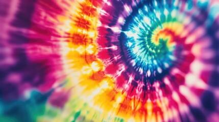 Bright tie-dye spiral in rainbow colors on a vibrant background, creating a playful and retro feel.