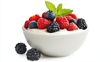 A bowl of yogurt with fresh berries on top, isolated on white, showing both creaminess and the vibrant fruit. --ar 16:9 --personalize rdzbvdo --v 6.1 Job ID: f90b4c81-1091-426e-9acf-49f293cd8517