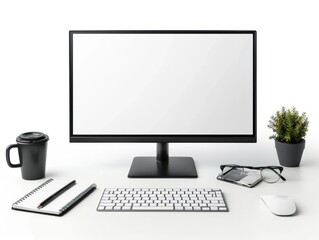 Fototapeta premium A modern office desk setup with a desktop monitor, a notebook, and a pen isolated on a white background