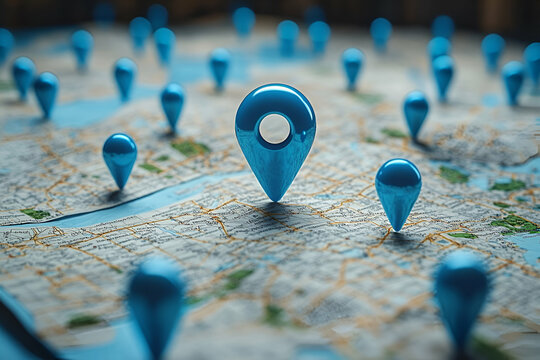 A collection of blue location pins on a map, symbolizing navigation and geographic positioning.