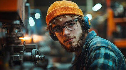 Young man in a factory working,  industrial worker looking at camera