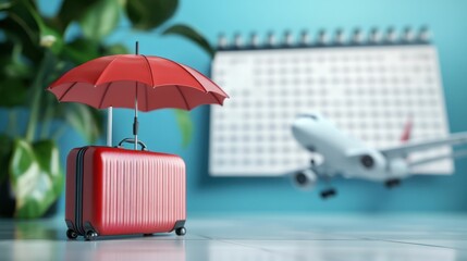 Airplane, suitcase and umbrella on white calendar background. Travel holiday or annual leave travel...