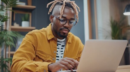 Albino african american man with dreadlocks working from home and making video call on the laptop