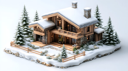 Fototapeta premium Mesmerizing Digital Imagery showcasing a Full Body shot of a Mini World Cozy Wooden Ski Chalet in a Snowy Setting with Ultra Realistic Details