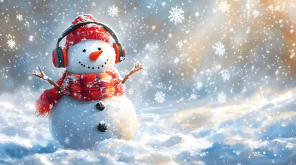 An Amusing Snowman with Funky Headphones Dance Joyfully Under a Cascade of Playful Snowflakes in a Charming Vector Art Design