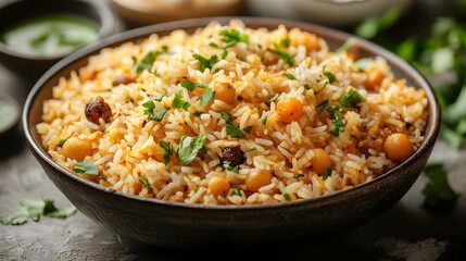 Close-up of a bowl of fragrant rice with chickpeas and herbs