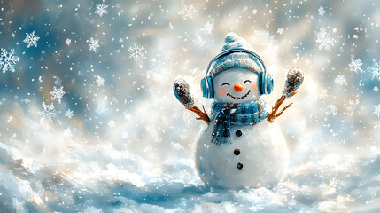 A Cheerful Snowman Adorned with Stylish Headphones Dancing Merrily Amidst an Enchanting Swirl of Snowflakes in Delightful Vector Art Format