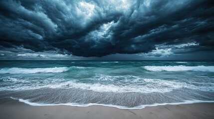 Dark storm clouds loom over a tranquil shoreline just before the evening tide rolls in along the beach
