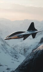 Fototapeta premium Futuristic aircraft flying over snowy mountains.