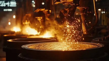 Steel manufacturing process in action, with molten metal being poured into molds under bright lights.