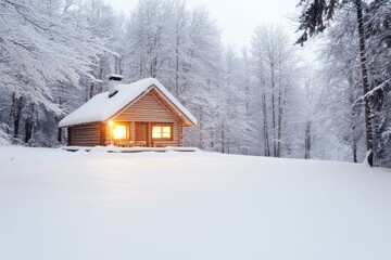 Cozy Winter Cabin Surrounded by Snowy Trees