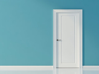 modern white door stands against vibrant blue wall, creating striking contrast in minimalist space. clean lines and simple design evoke sense of calm and openness