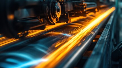 Steel rolling mill in full operation, producing continuous sheets of steel, glowing with heat.