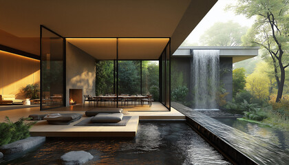 Fototapeta premium AI generator image of cozy room, room should exude a warm and inviting atmosphere, furniture and decor a large, comfortable bed with a beautiful garden view,roomin side a house transform to a garden