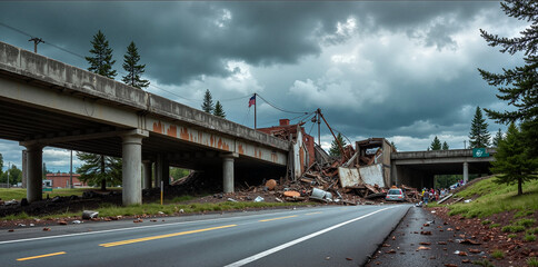 Obraz premium after the hurricane, Destruction aftermath of earthquake with collapsed highway overpass and dramatic sky