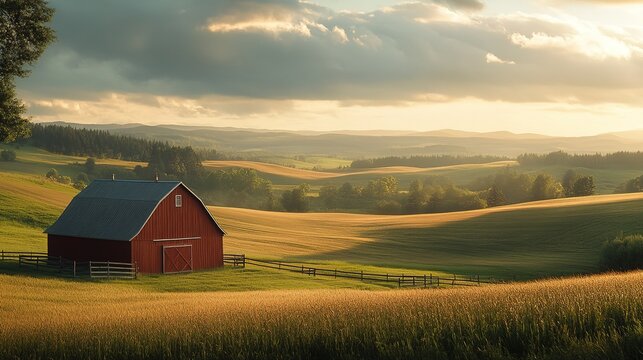 A red barn stands isolated in a vast cornfield under a clear blue sky during early morning light in rural America