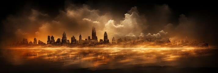 Obraz premium Enigmatic atmosphere cityscape shrouded in mist with glimmering flames piercing through fog