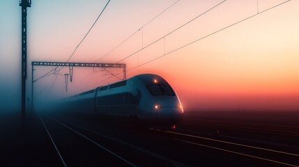 Naklejka premium A high-speed train travels through dense fog on tracks surrounded by trees during early morning hours