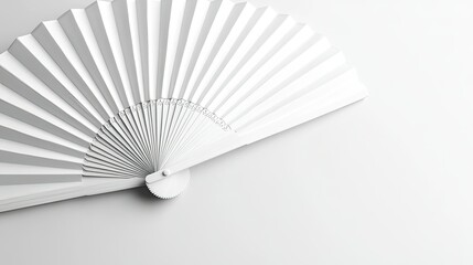 Close-up of a white folding hand fan, set apart on a plain white surface, fully extended for design mockup.