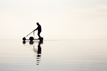 Naklejka premium Silhouette of a man riding a scooter at sunset, capturing the essence of urban mobility and freedom