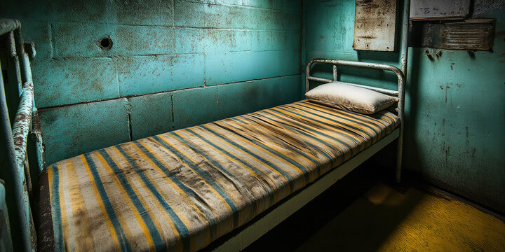 An empty bed in a solitary confinement cell for inmates in a prison. Incarceration in prison, crime, punishment, conditions for criminals