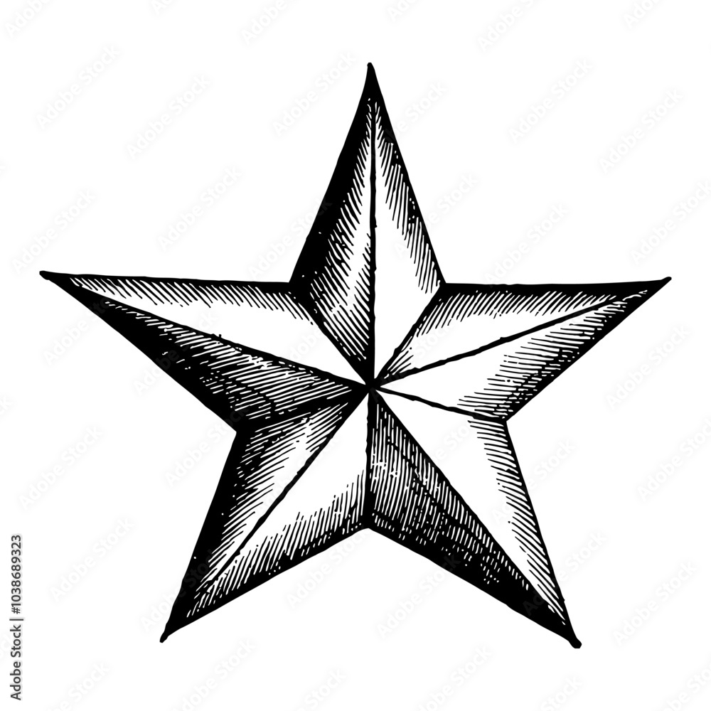 Wall mural Star Emblem in Detailed Monochrome Black and White Outline Line Art Drawing Design