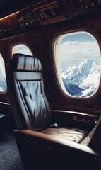 Fototapeta premium Luxury airplane seat overlooking snowy mountains.