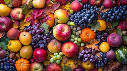 Vibrant autumn fruit background showcasing rich, colorful produce like apples, grapes, and squash.