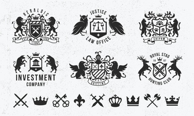 Vintage hipster logo templates and 9 design elements for business emblems. Label, badge, emblem for Coat of Arms. Luxury logo, crest.  Sword, Crown, Keys icons.Vector illustration