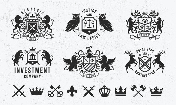 Vintage hipster logo templates and 9 design elements for business emblems. Label, badge, emblem for Coat of Arms. Luxury logo, crest.  Sword, Crown, Keys icons.Vector illustration