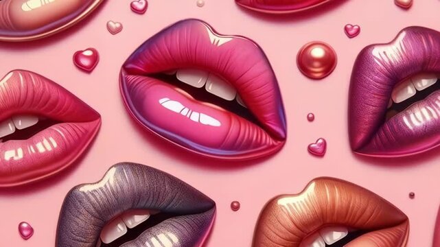 Trendy colorful repeating pattern of female lips or mouth on a pink background.