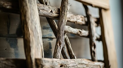 Close-up of rustic wooden frames made from natural branches and twigs, emphasizing their handmade feel.