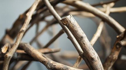 Close-up of rustic wooden frames made from natural branches and twigs, emphasizing their handmade feel.