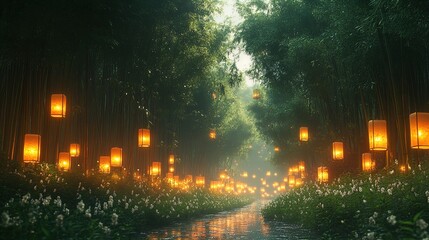 A serene bamboo forest pathway illuminated by glowing lanterns hanging from the trees. The scene is bathed in a soft, ethereal light, creating a mystical atmosphere. The ground is covered with lush gr