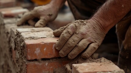 Close up of bricklayer hands laying brick wall of house