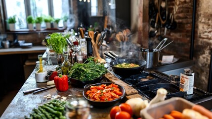 Fototapeta premium A vibrant culinary workshop with chef's tools and fresh ingredients, Cooking utensils arranged amidst kitchen counters and culinary creations, Gourmet cooking style
