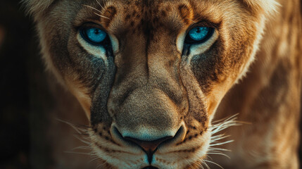 Fototapeta premium Close view of lioness with blue eyes, safari hunter 