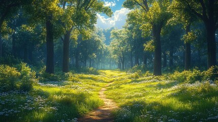 Obraz premium A serene forest scene showcasing a narrow dirt path winding through a lush, vibrant landscape. Tall trees with dense green foliage line the path, their trunks strong and solid. Sunlight filters throug
