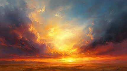 Naklejka premium Clouds lit by the warm glow of sunset, stretching across the sky over a peaceful countryside