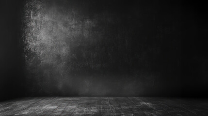 dark, textured chalkboard wall stands above wooden floor, creating moody and classic atmosphere. empty space invites creativity and imagination