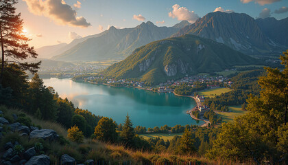 Breathtaking mountain landscape with lake and town at sunset
