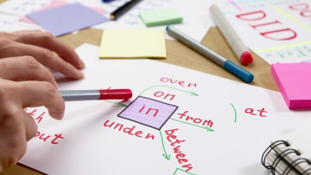 Concept of learning English. Hands of teacher pointing at words written on paper, lesson. Education and grammar.