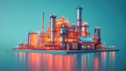 Obraz premium high tech fuel processing plant with integrated solar panels is illuminated against serene blue backdrop, reflecting on water. futuristic design evokes innovation and sustainability